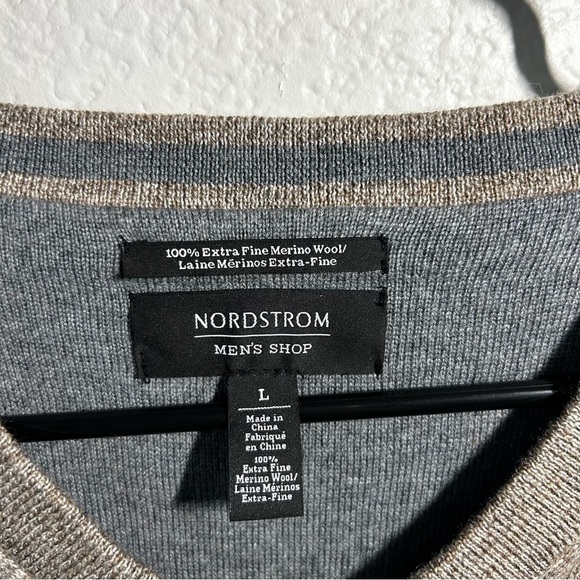 Nordstrom Men's 100% Merino Wool Academia Taupe V-Neck Sweater - Picture 2 of 7